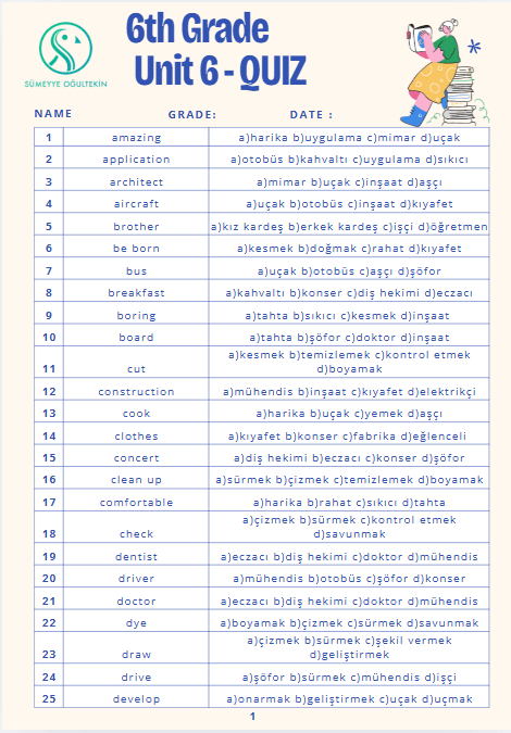 6th Grade - Unit 6 - QUIZ